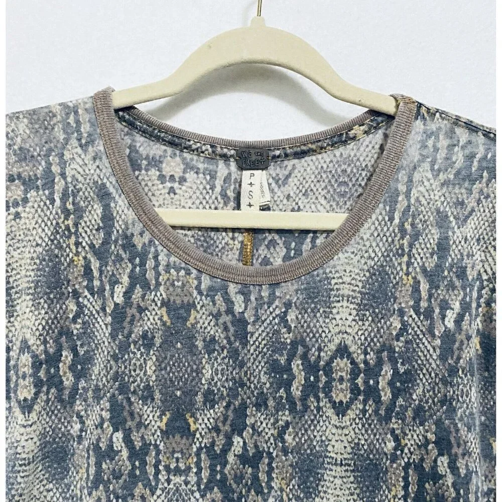 Free People Womens Small Tourist Sleeve Knit Black Snake Combo Tee Shirt Tan